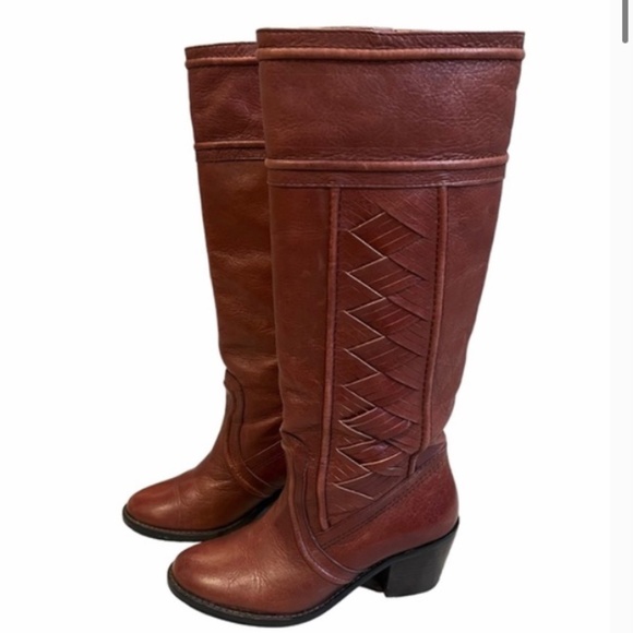 FOSSIL Felicia woven leather riding heeled knee high boots Cognac Brown Size 8 - Picture 3 of 12